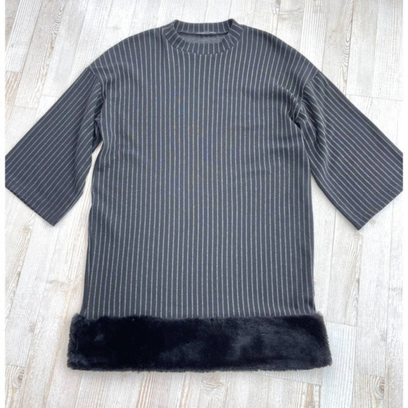 Zara Knit Fur Trim Shift Dress | Grey/Black Size Small - Picture 2 of 7